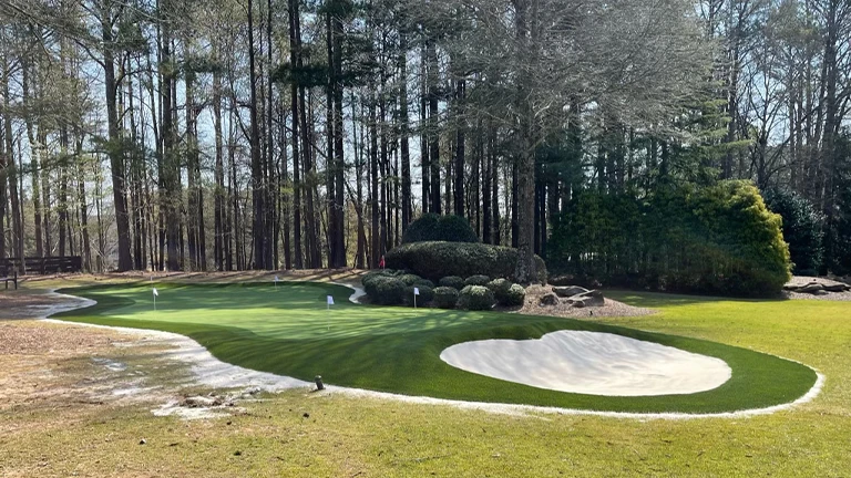 Innovative putting green design for a Knoxville home, utilizing high-quality artificial turf for an authentic putting surface.